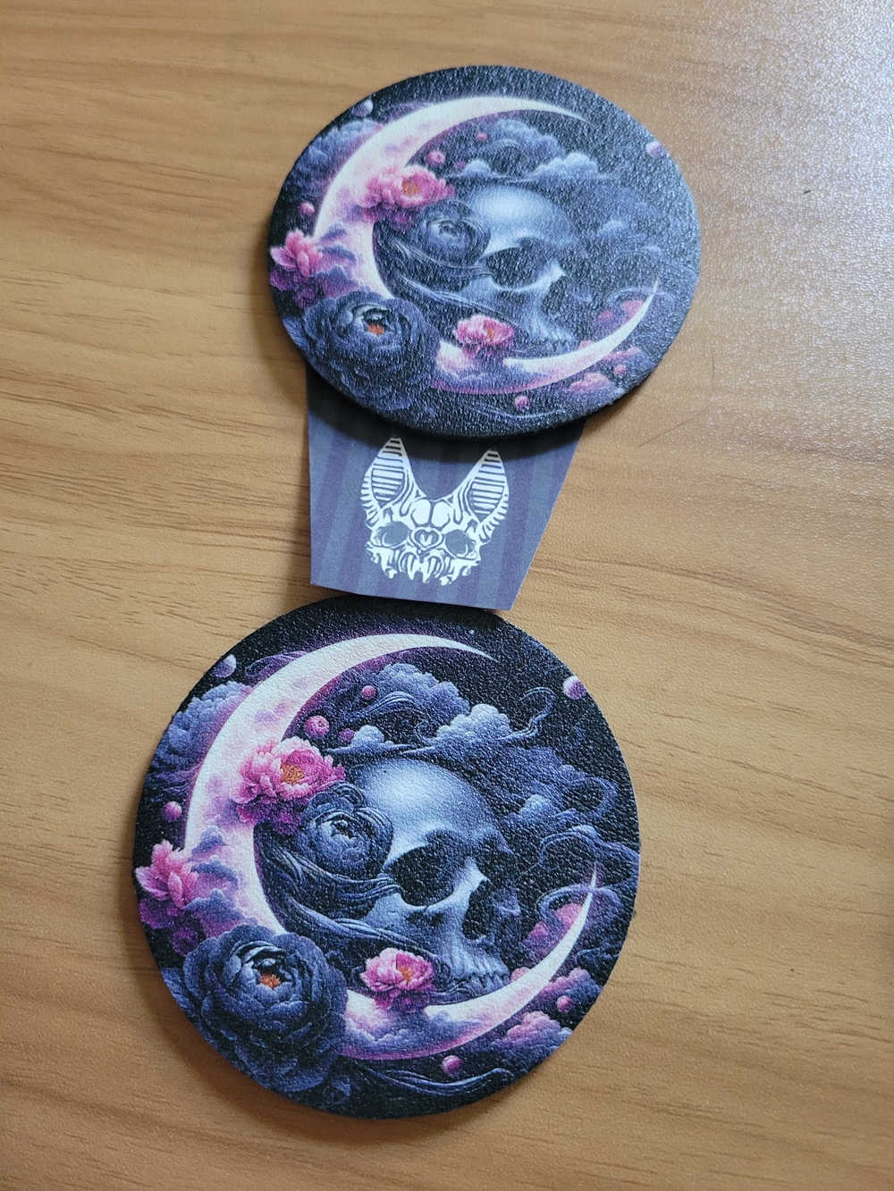 Hand Crafted Black and Purple Crescent Moon Skull Car  Coasters (Set of 2)